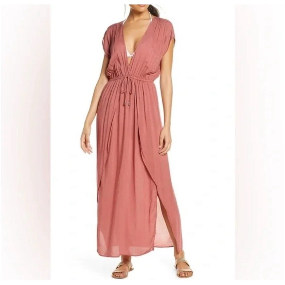 Elan Maxi Cover Up Textured V-neck Boho Sleeveless Dress Muted Rose Large L